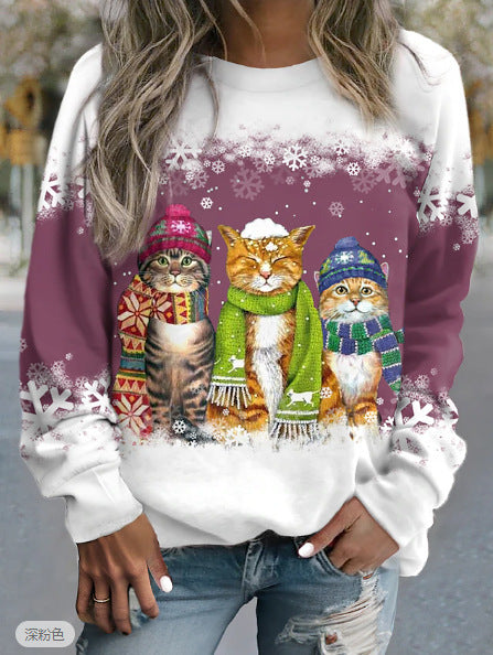 Festive Christmas Snowman & Cat Long Sleeve Casual T-Shirt