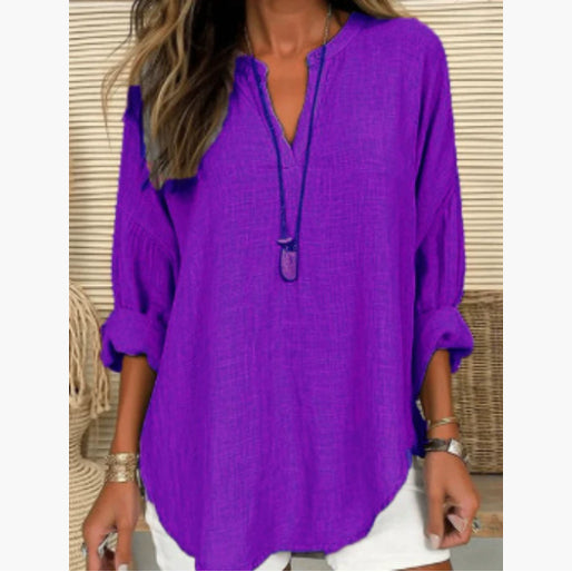 Women's Casual V-neck Cotton And Linen Solid Color Shirt