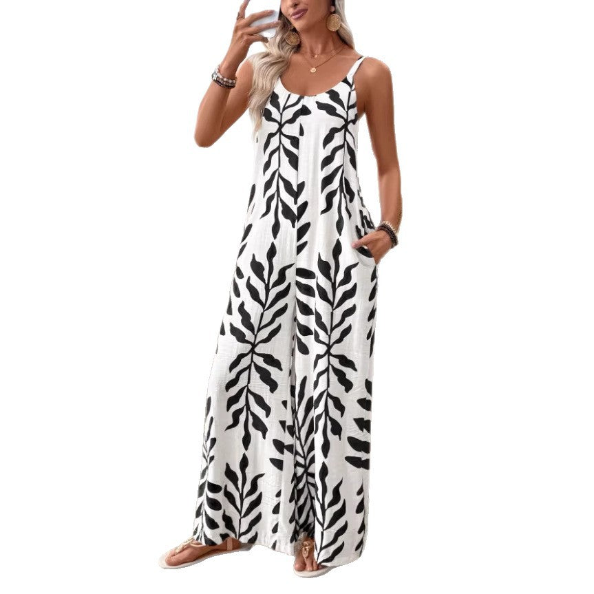 Chic Tropical Leaf V-Neck Jumpsuit with Pockets