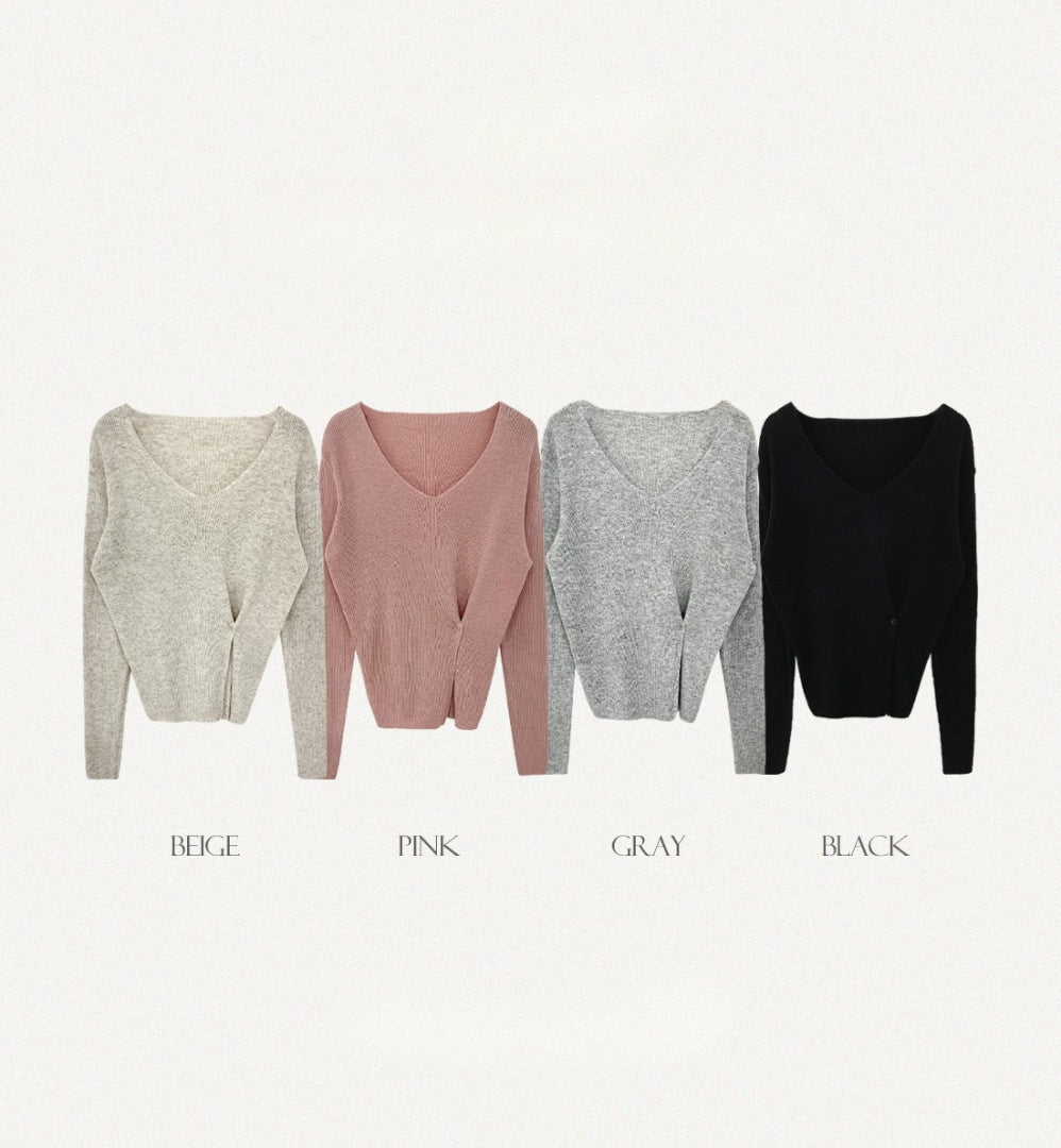 Women's Long Sleeve Bottoming V-neck Split Waist Fitted Thin Sweater