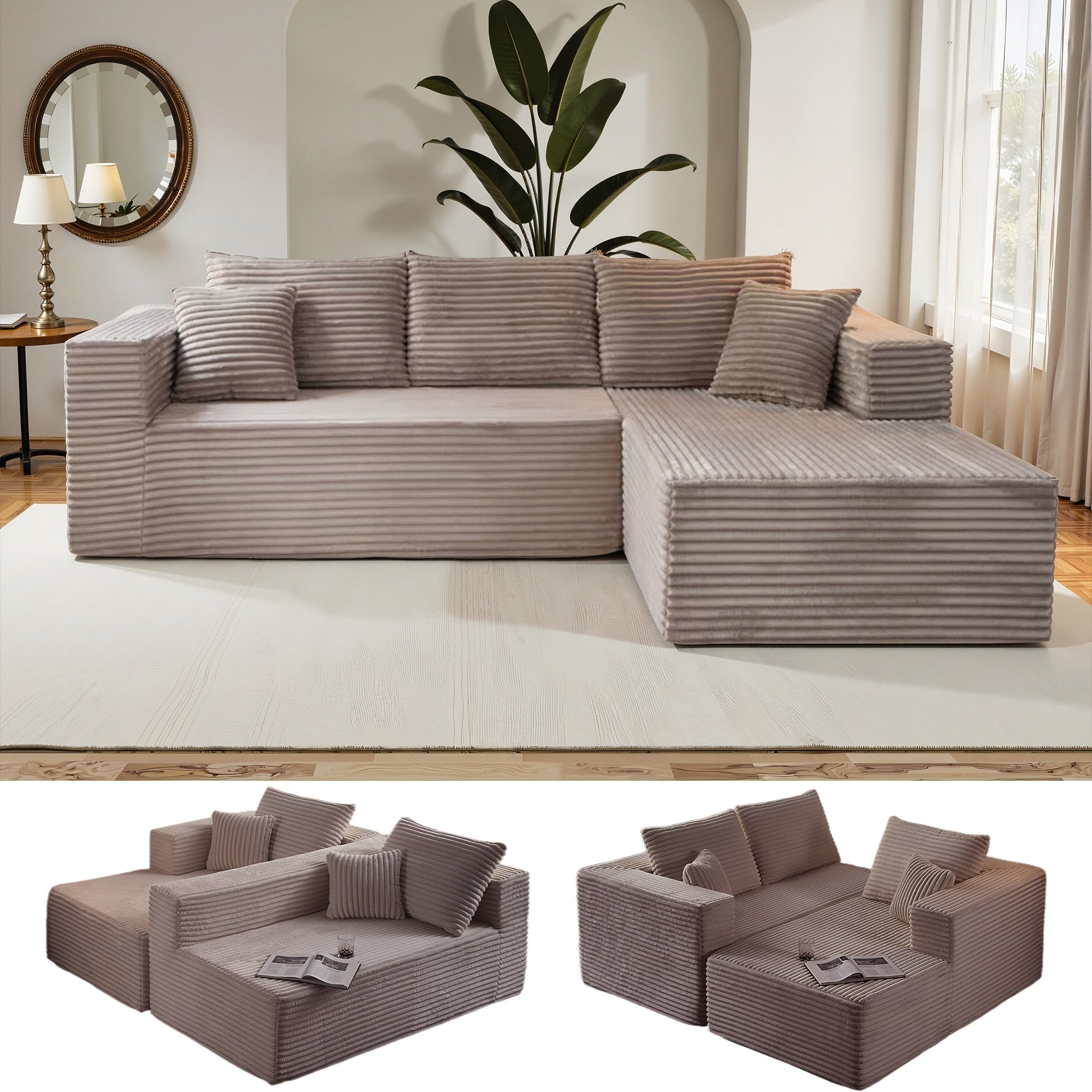 Modular L-shaped chaise longue sofa bed with deep seat and corduroy upholstery