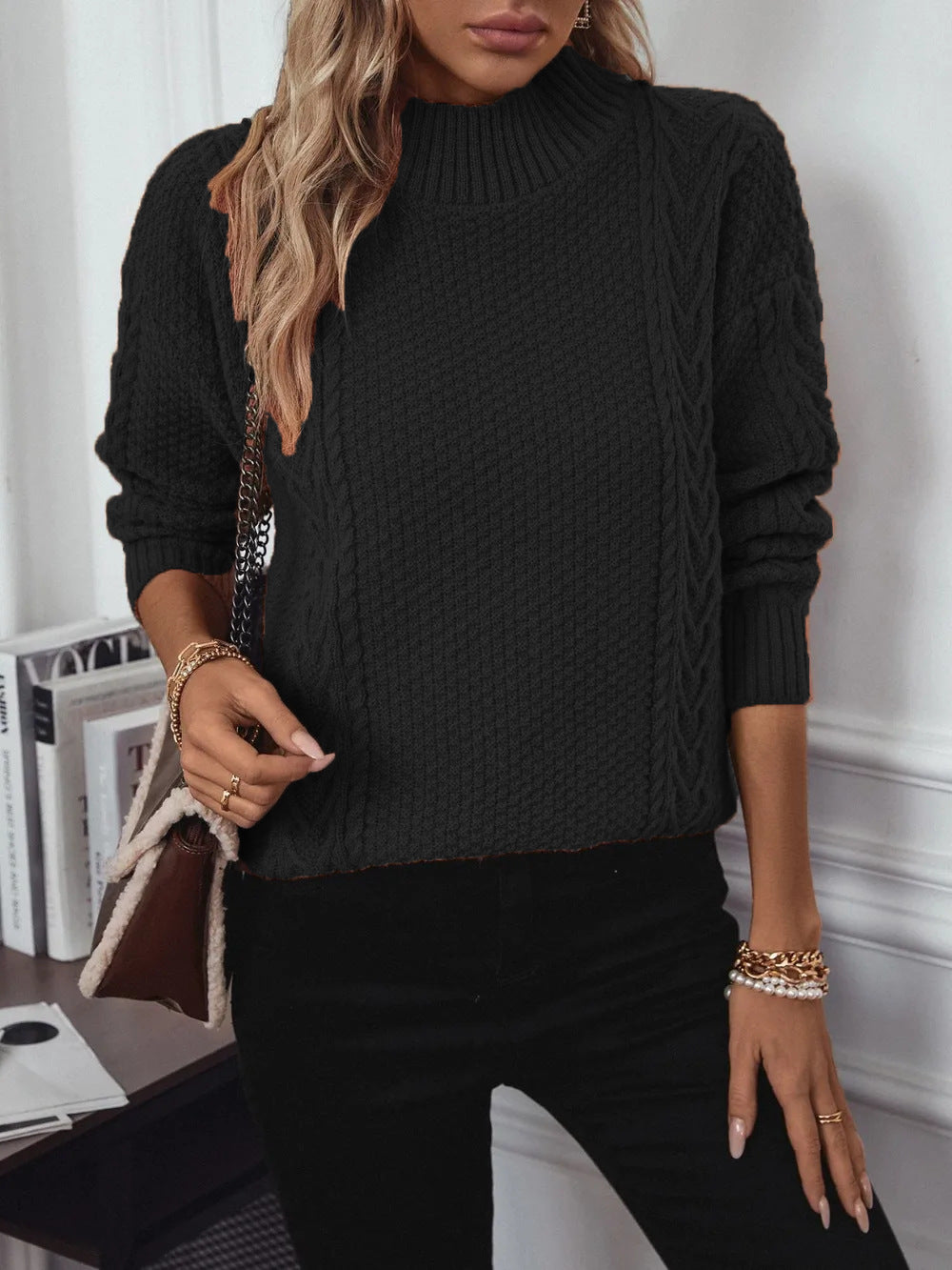 Solid-color Womens Sweater with a Front Slit and a Longer Back Hem