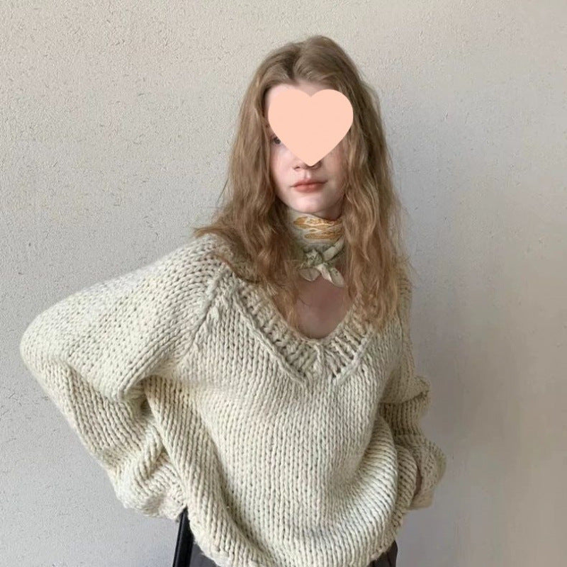 Hand-knitted Cotton-blend Sweater with a Solid-color Collar Chunky Knit Outerwear-style Pullover