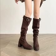 Women's High Heeled Long Tube Boots - Stacked Fashion Boots for Spring & Autumn