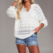 Casual Semi-Open Neck Beach Cover‑Up Sweater – Slim Fit, White