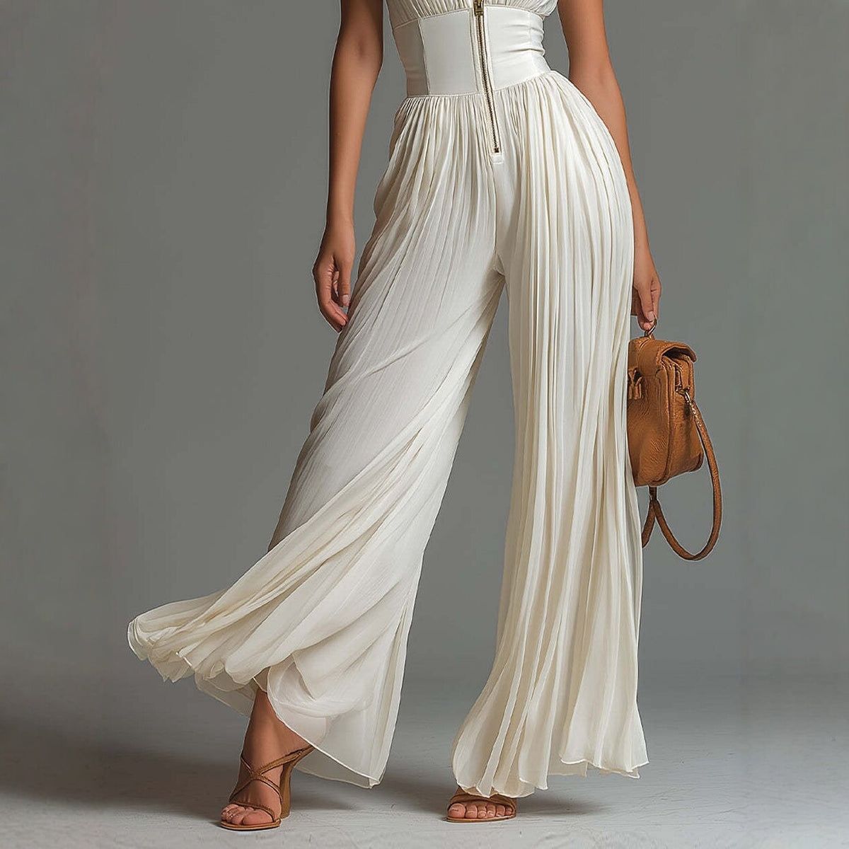 Elegant White Pleated Halter Wide-Leg Jumpsuit
