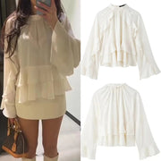 Elegant Beige Satin Ruffle-Sleeve Top – Vintage Autumn Style