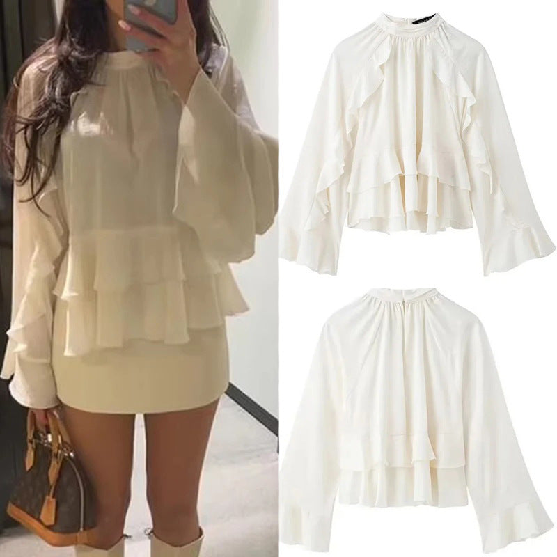 Elegant Beige Satin Ruffle-Sleeve Top – Vintage Autumn Style