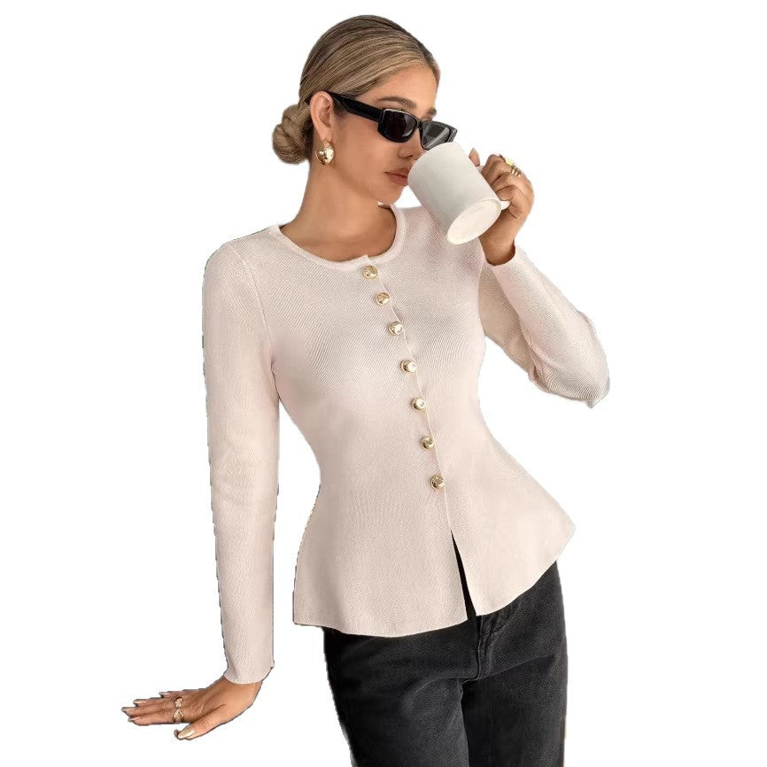 Women's Elegant Knitted Crew Neck Sweater Tweed-look Chanel-inspired Pullover
