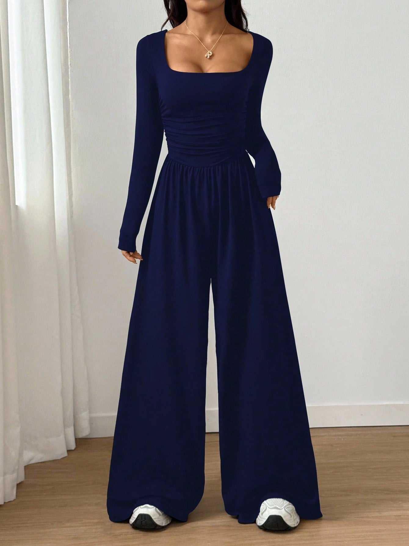 2026 Spring Fall Women's Casual Solid Color Square Neck Long Sleeve A-Line Jumpsuit Pleating Wide Leg Loose Mopping Jumpsuit