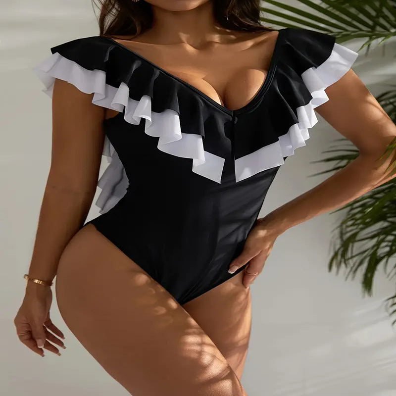 Black & White Ruffled Tummy-Flattering One-Piece Swimsuit