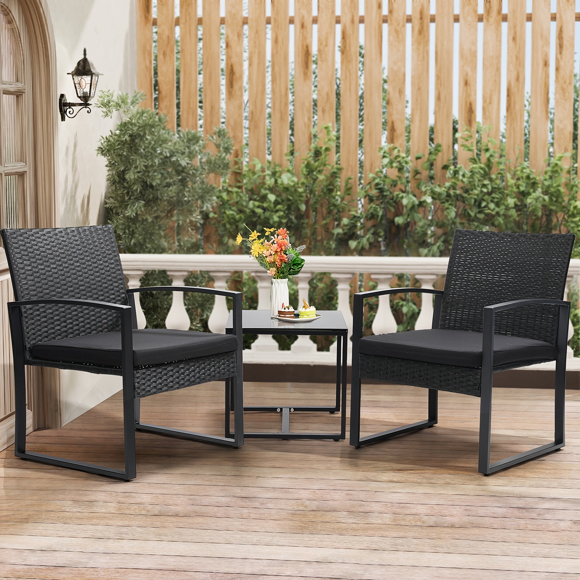 Outdoor Patio Furniture Set, Rattan 3pcs Bistro Set with Tempered Glass Table, Thick Cushions, Ideal for Patio, Garden,