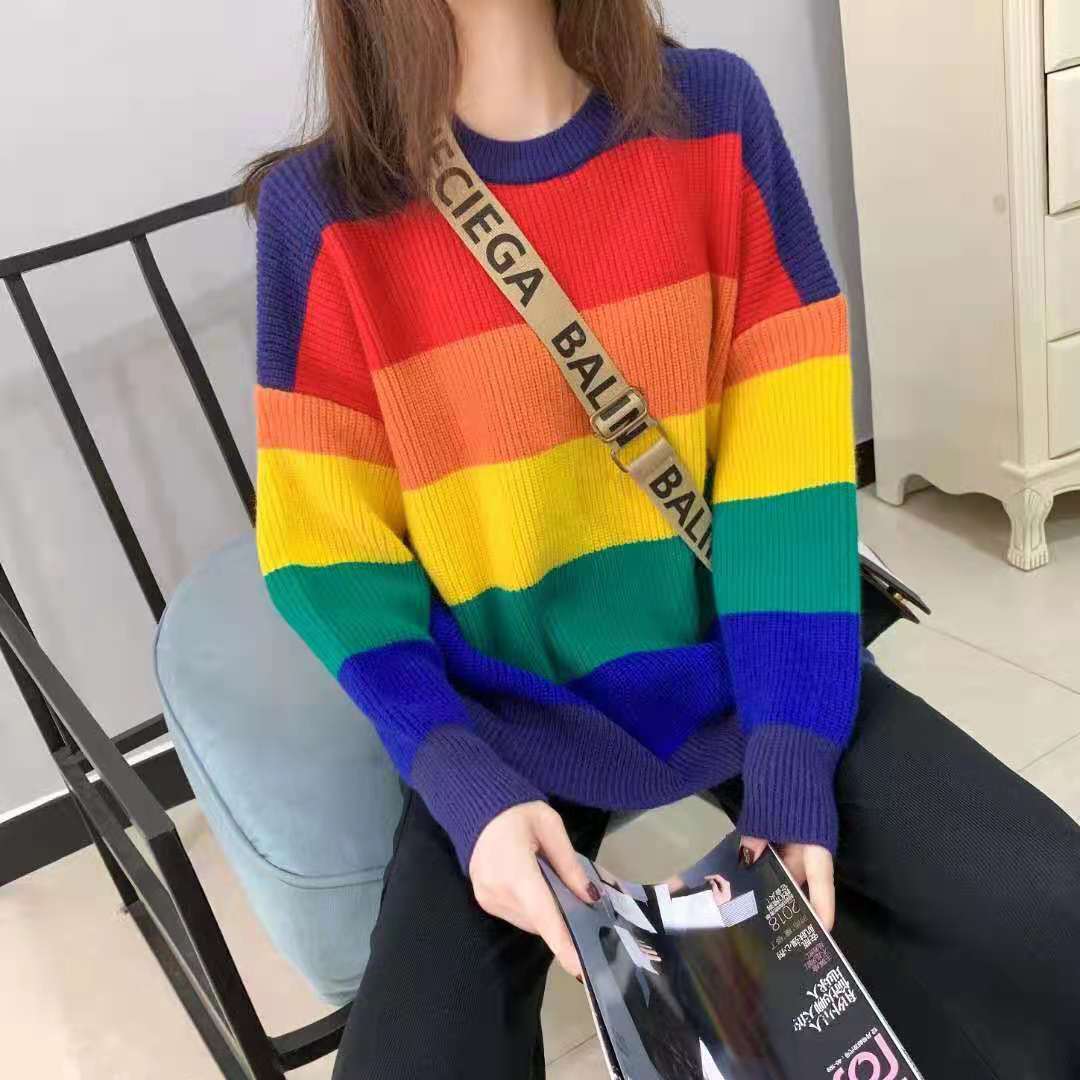 Rainbow Sweater Women's Loose-fit Outerwear Korean Style