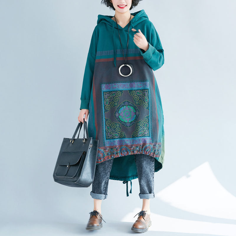 Gradient Print Loose Hooded Sweatshirt Dress