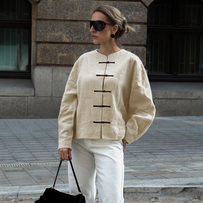 New Chinese-style Buttoned-closure Loose-fit Vintage Elegant Blouse