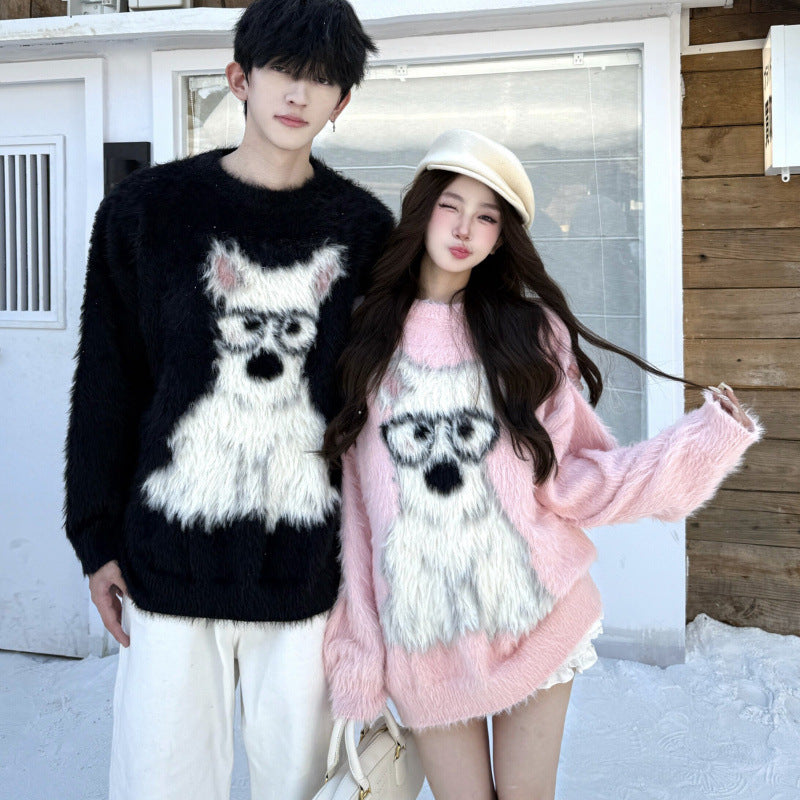 Mens and Womens Cartoon Puppy Loose Casual Pullover Sweater