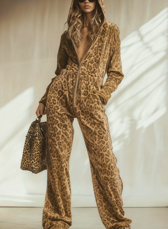 Leopard Print Velvet Hooded Zip-Up Jumpsuit