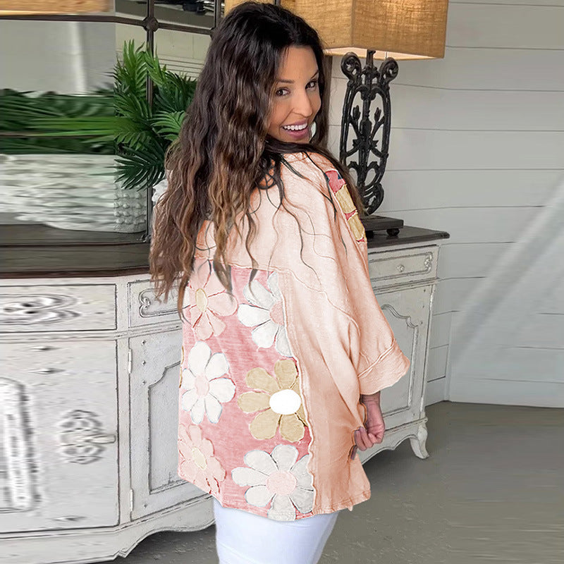 Floral Patchwork Long Sleeve Casual Pullover Hoodie