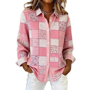 Womens Plaid Floral Print Long-Sleeve Blouse