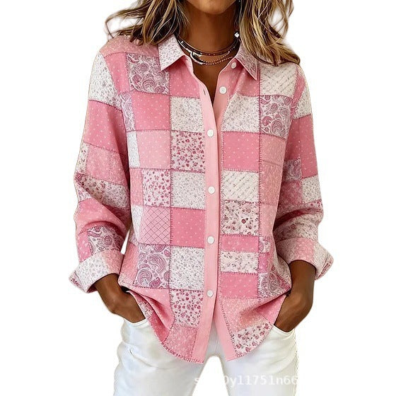 Womens Plaid Floral Print Long-Sleeve Blouse