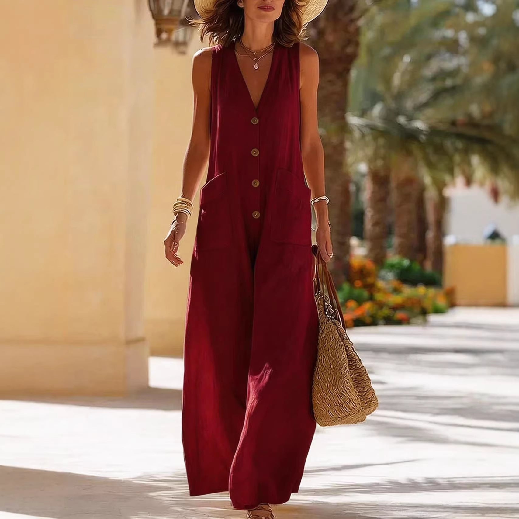 Cotton Linen Sleeveless Wide-Leg Jumpsuit with Pockets