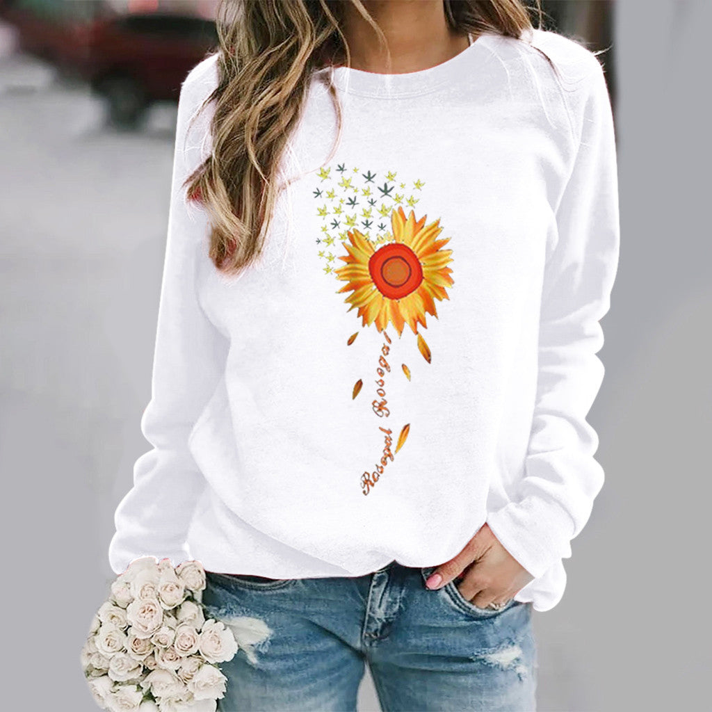 Women's Sunflower Print Long Sleeve Crew Neck Sweater