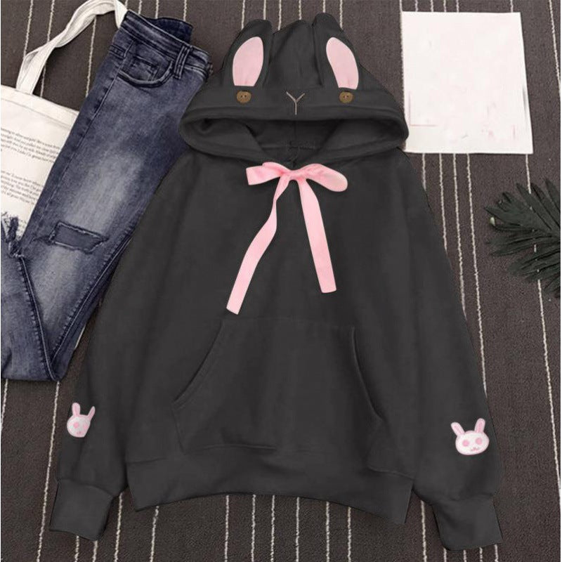 Cute Bunny Ear Embroidered Pocket Fleece Hoodie for Women