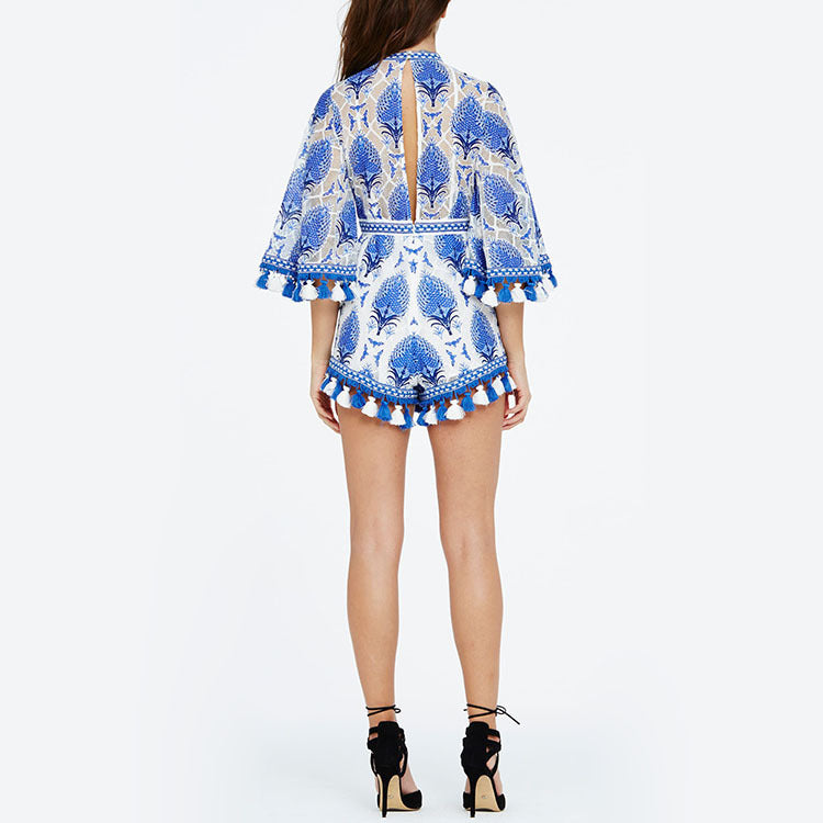 Lace Trumpet Sleeve Fringe Jumpsuit
