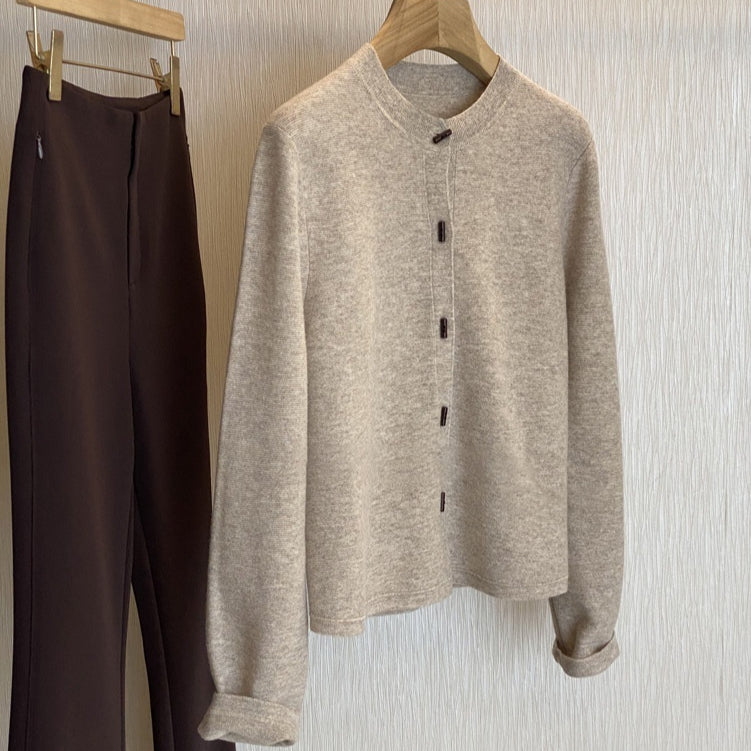 Womens Chinese-style Button-up Wool Crew-neck Knit Cardigan