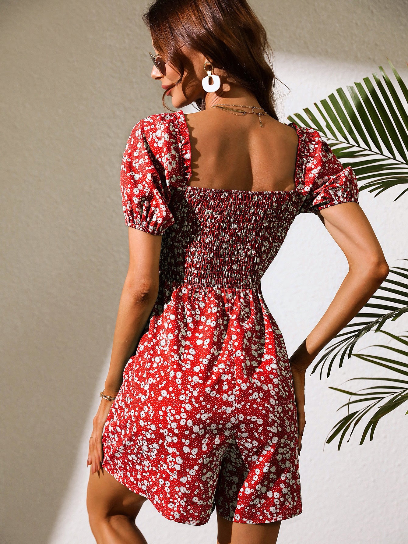 Fashionable Puff Sleeve Square Neck Backless Elastic Waist Jumpsuit