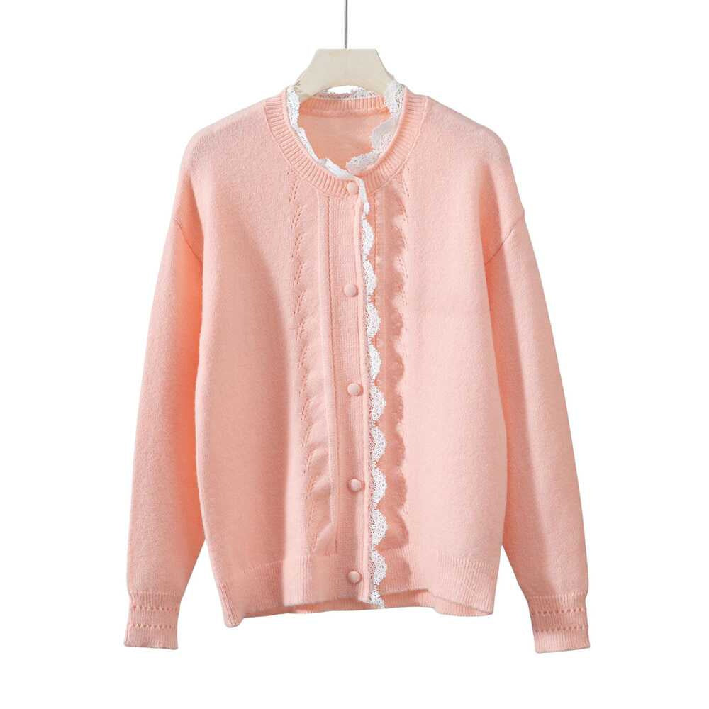Womens Autumn Winter Lace-trim Knitted Cardigan