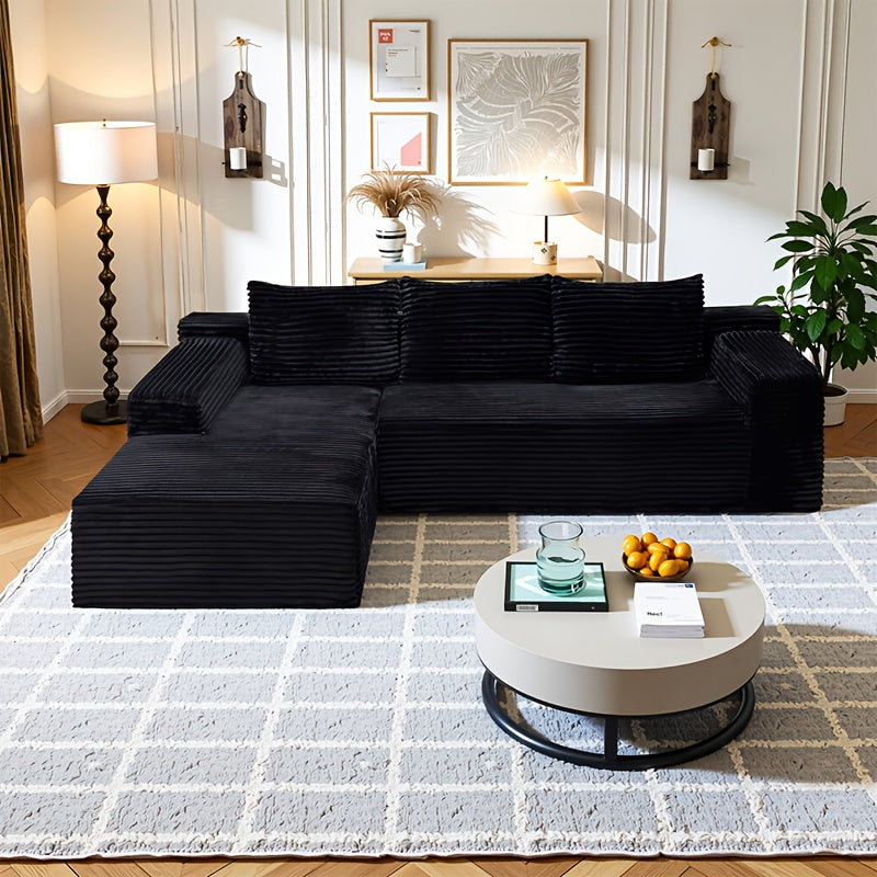 Modular L-shaped chaise longue sofa bed with deep seat and corduroy upholstery