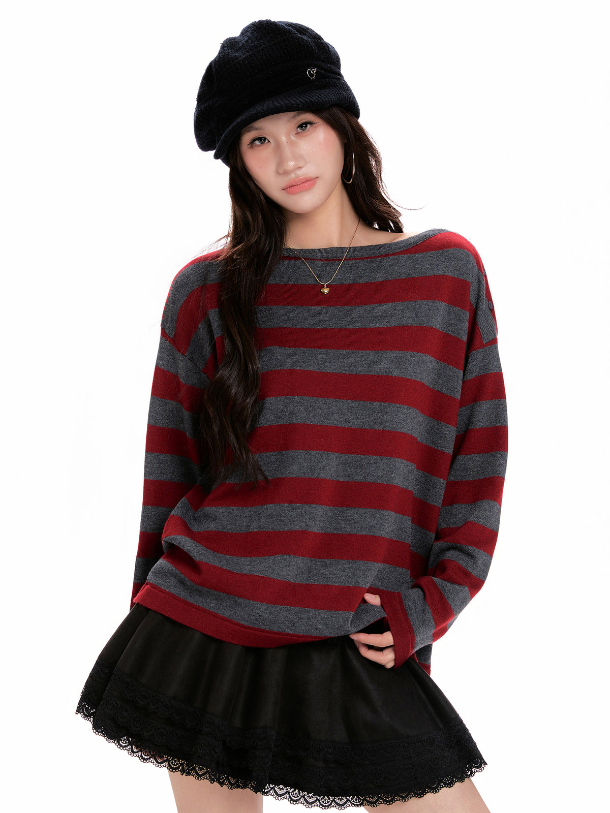 Women's Red-striped Long-sleeve Knit Sweater