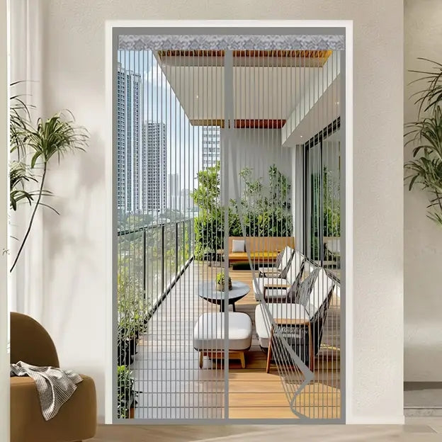 Magnetic Screen Door Curtain - Manual or Automatic Closing Mesh, White Stripe Design, Mosquito-proof Summer Breathable Partition, Suitable for Living Room, Bedroom, Garage, Kitchen - No Drilling Neede