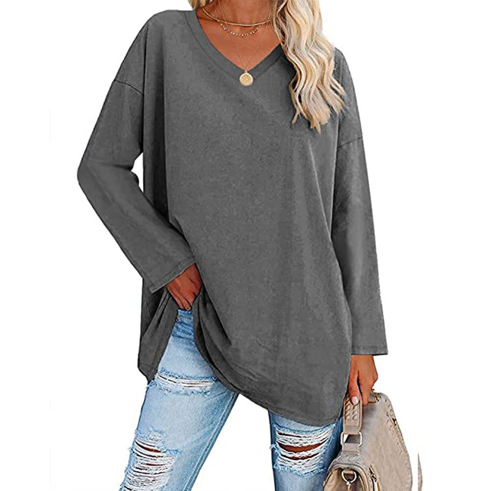 Oversized V-Neck Drop-Shoulder Casual Cotton T-Shirt
