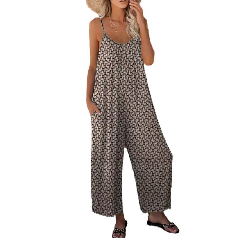 Womens Printed Strap Loose Wide-leg Jumpsuit