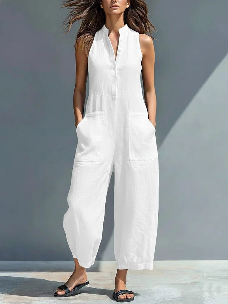 Casual Womens Sleeveless Stand Neck Pocket Jumpsuit