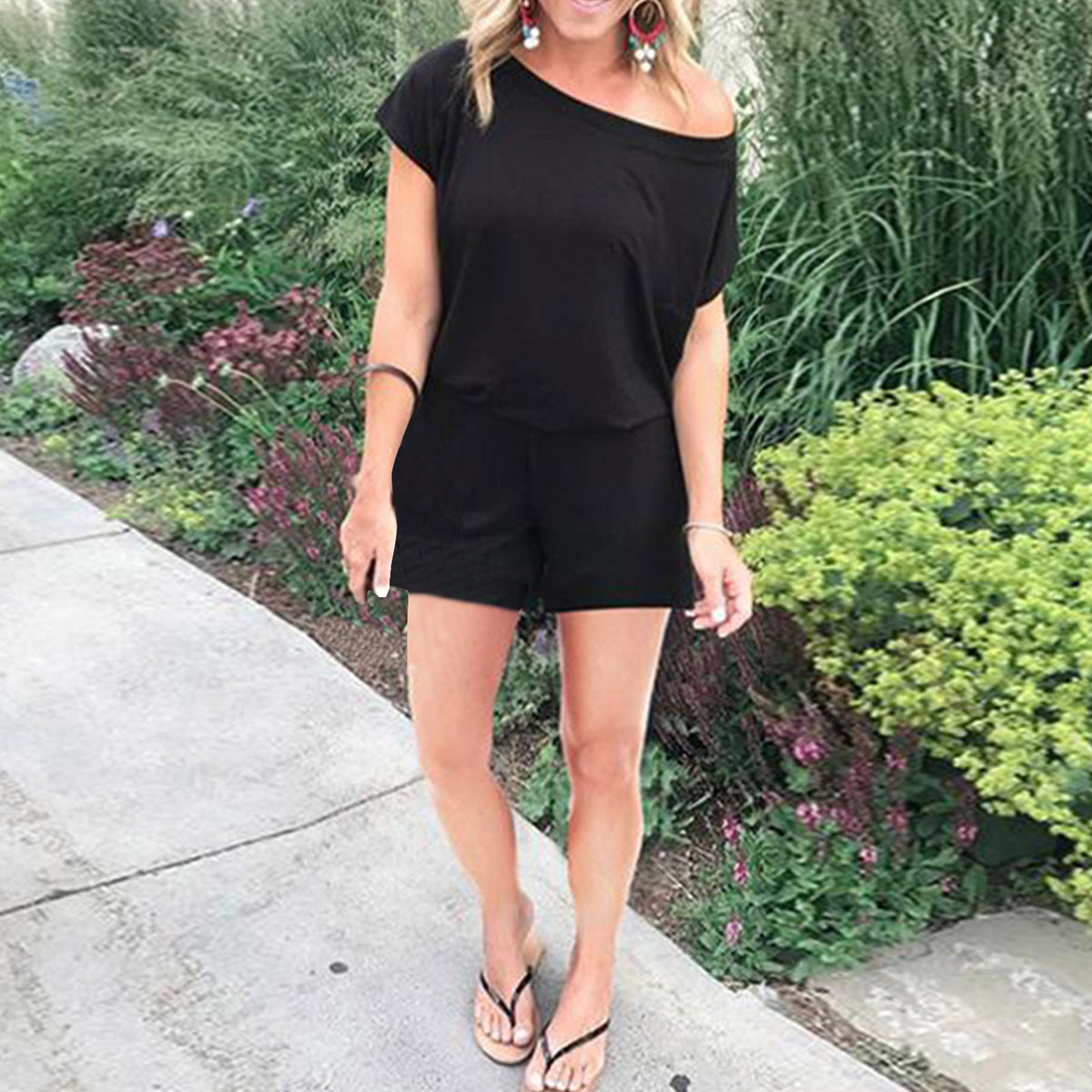 Women's Stylish Off-Shoulder Short Sleeve Cotton Jumpsuit
