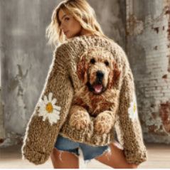 Womens Soft Sweet Round-neck Long-sleeve Knitted Sweater
