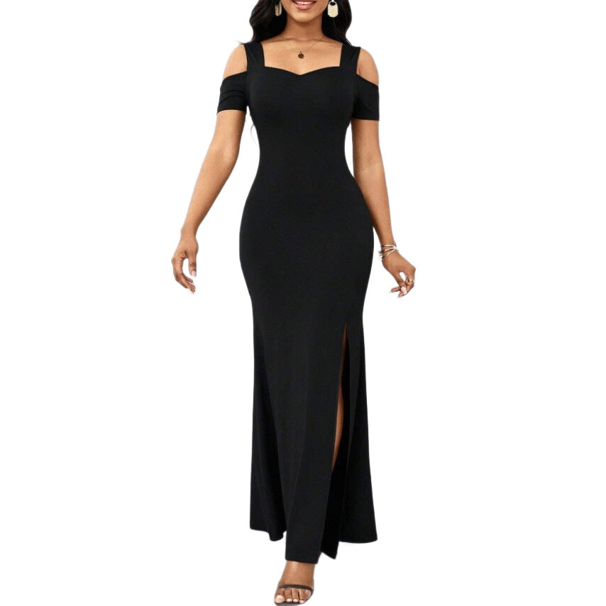 Black Off-shoulder Slit-fit Dress