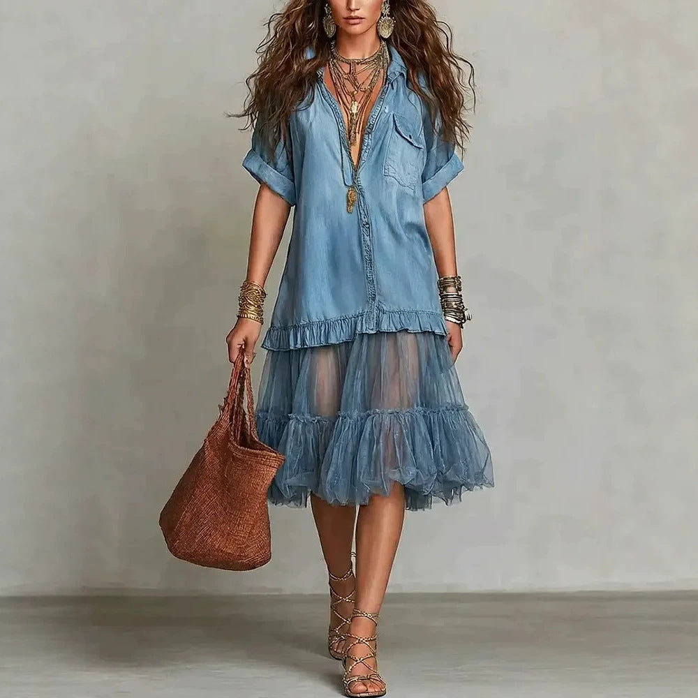 Bohemian Faux-jean Patchwork Tulle Maxi Dress