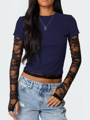 Sexy Women's Fake Two-piece Long Sleeve Crew Neck T-shirt
