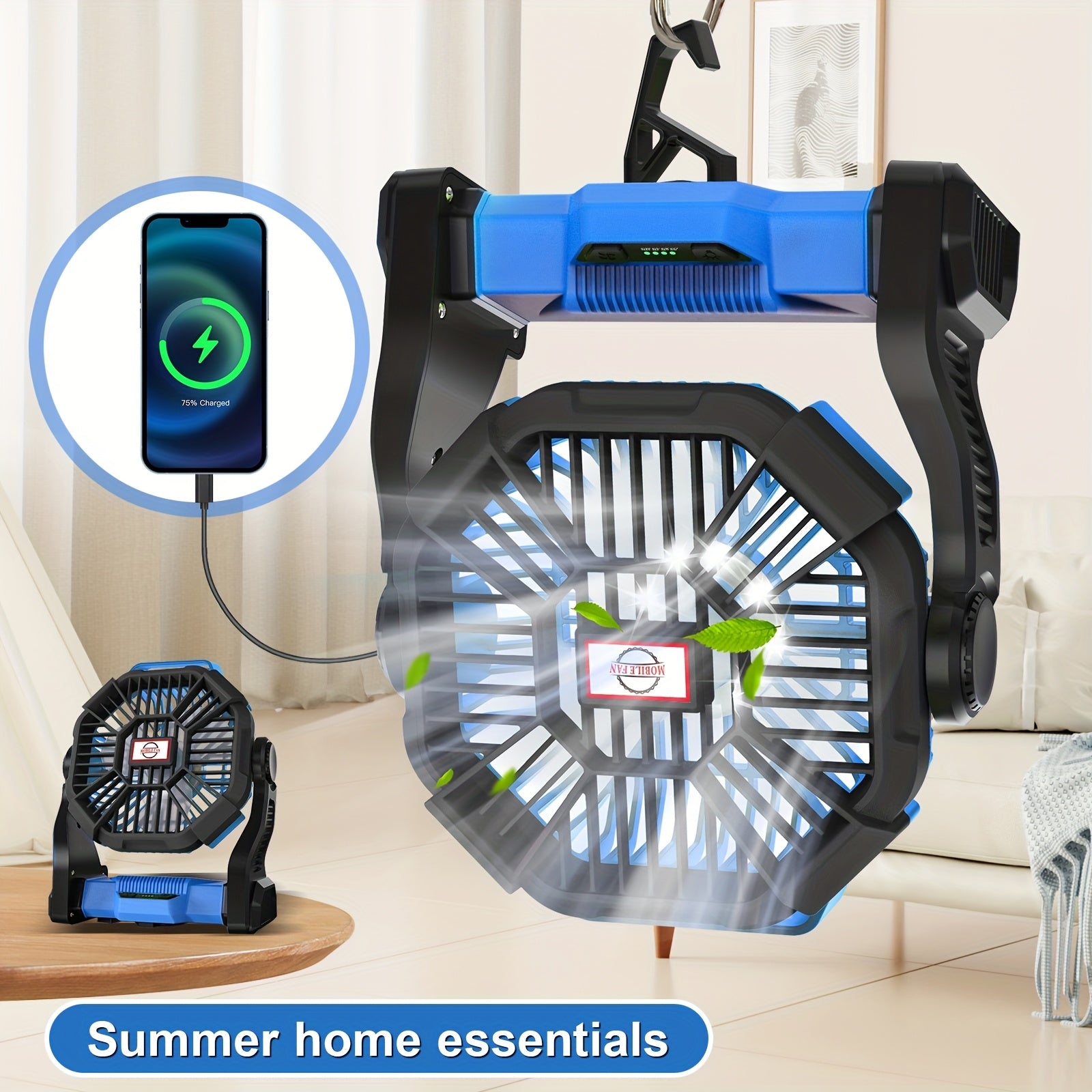 Three-in-One Battery Powered Camping Fan with LED Lantern, Timer and Rotating Base