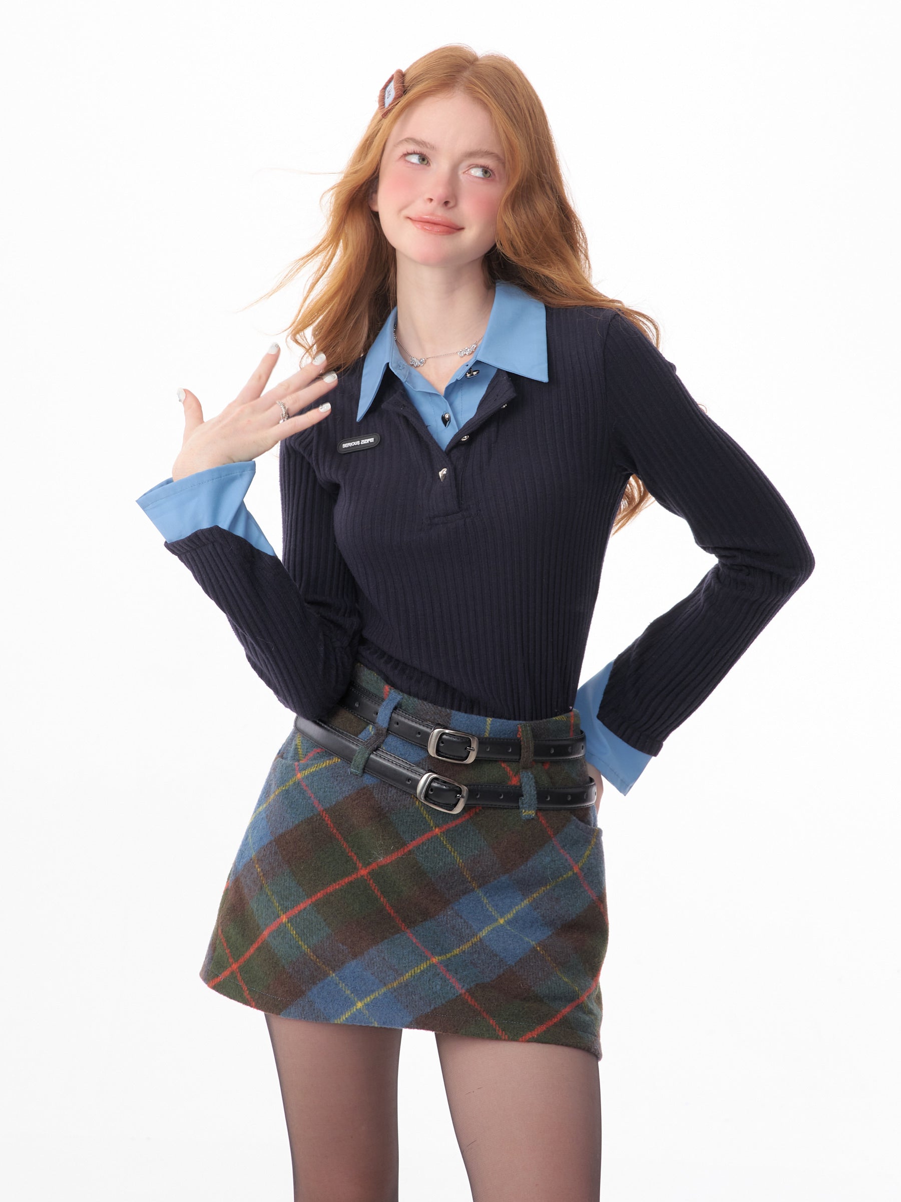 Retro Fake Two-Piece Bell Sleeve Polo Top