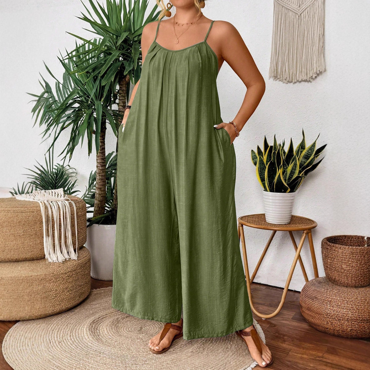 Chic Casual Plus-Size Wide-Leg Strap Jumpsuit