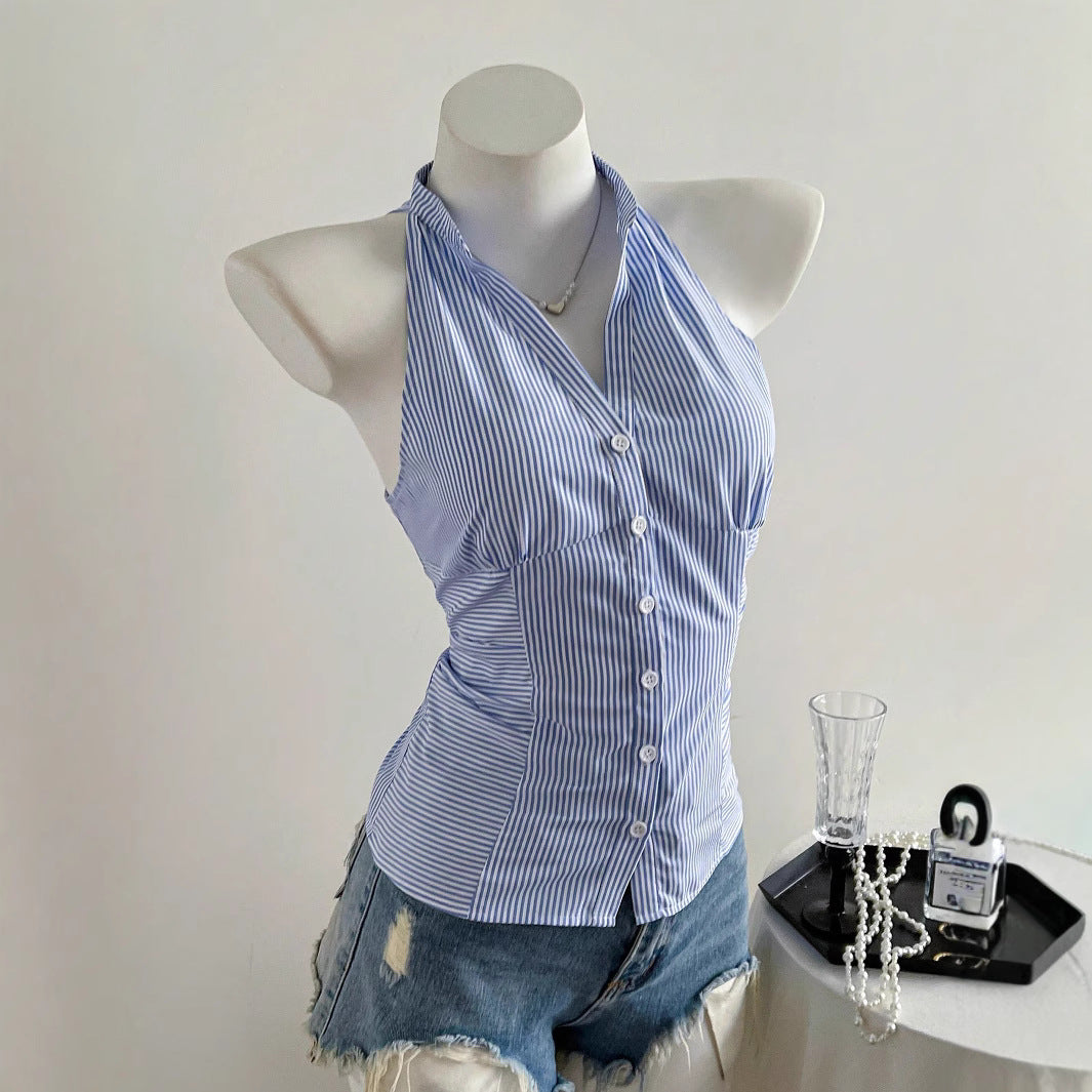 Women's Niche Short Striped Sleeveless Shirt