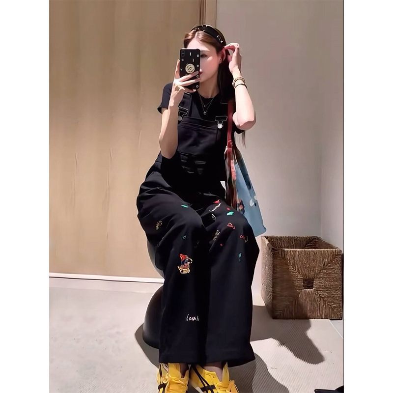 Cartoon Embroidered High-Waisted Loose Denim Suspender Pants