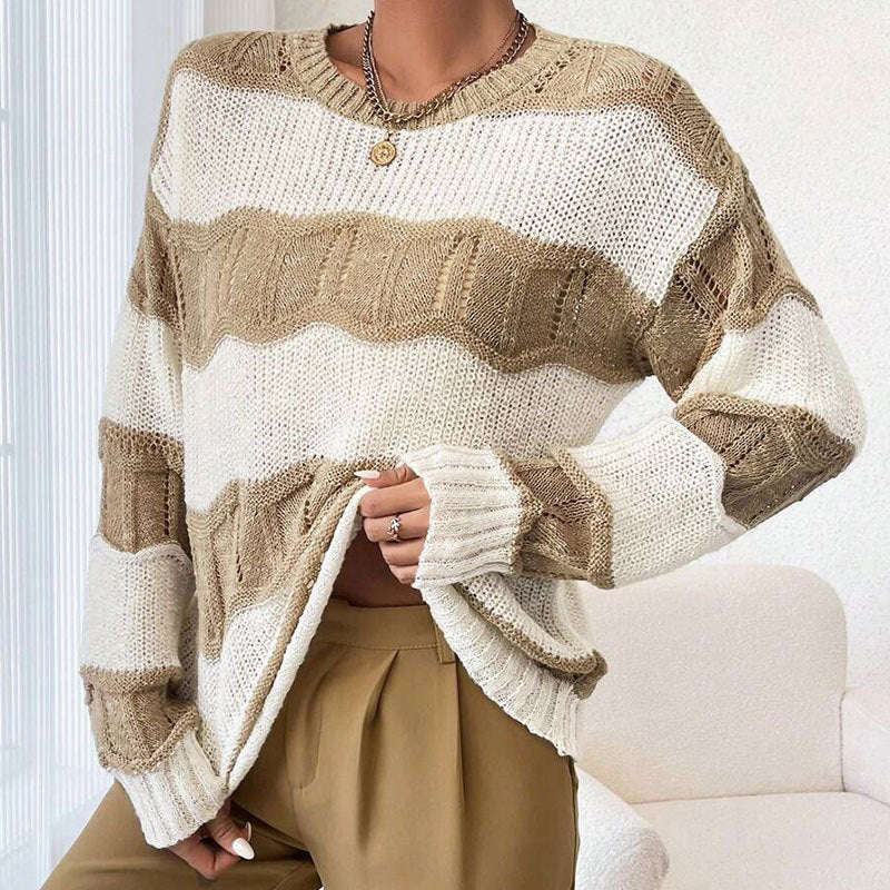 Twisted-knit Striped Color-block Long-sleeve Crew-neck Sweater