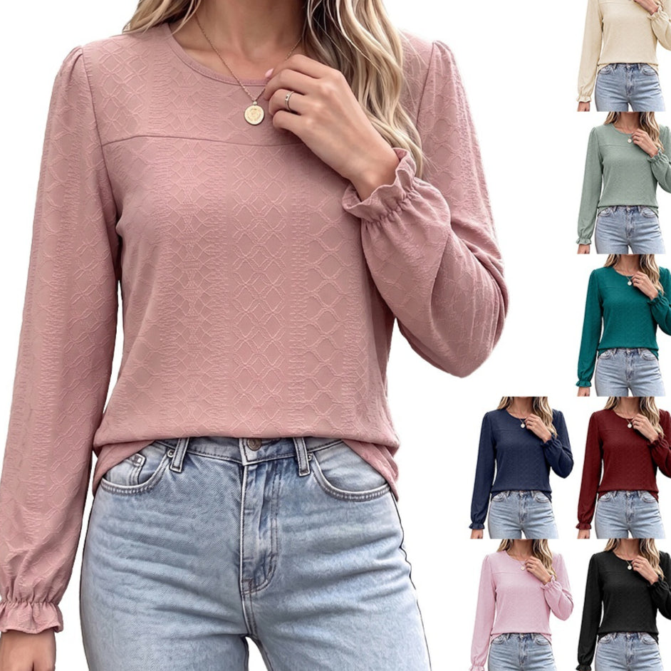 Loose-Fit Crew‑Neck Patchwork Long‑Sleeve Top – Versatile Casual Wear