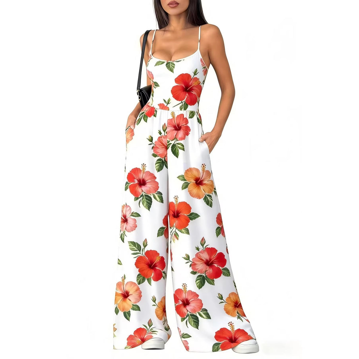 Women's Backless Strappy Printed Wide-Leg Jumpsuit